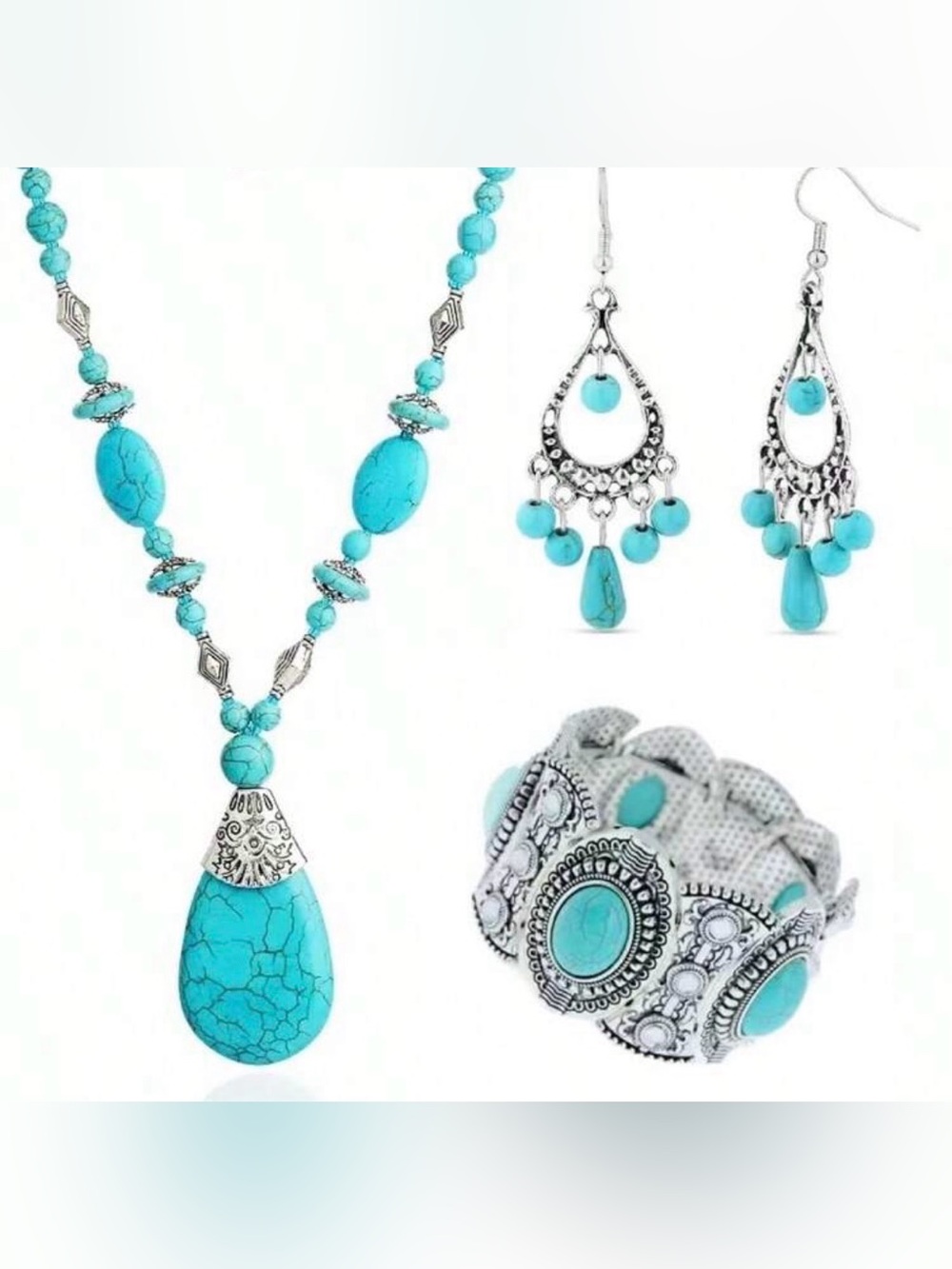 Turquoise Teardrop Necklace, Bracelet & Earrings Set
